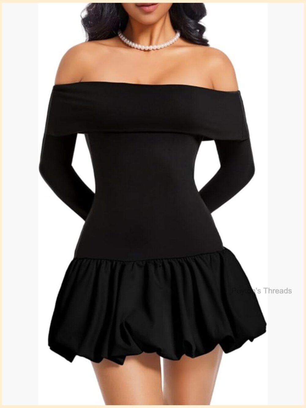 Off Shoulder Bubble Hem Mini Dress, Long Sleeve Drop Waist Going Out Party